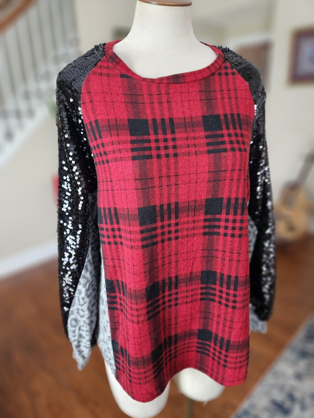 Grace And Emma Flannel Sequin Leopard Top Large